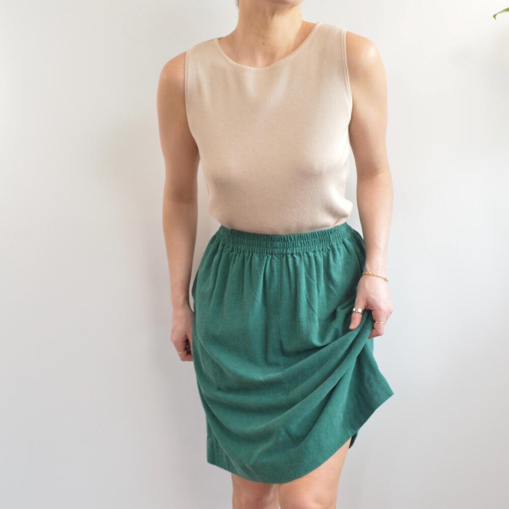 pure silk green elastic waist midi skirt with pockets